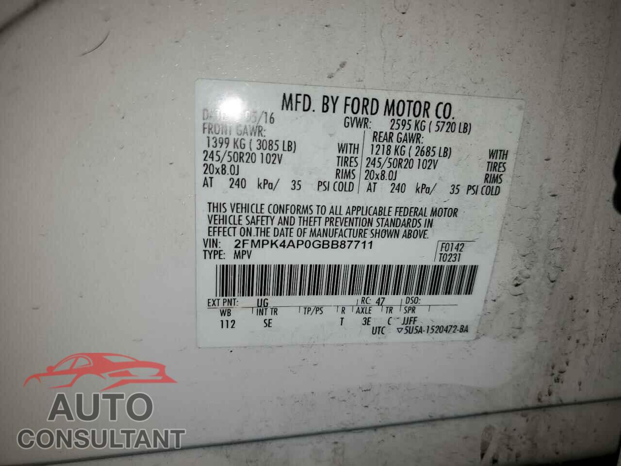FORD EDGE 2016 - 2FMPK4AP0GBB87711