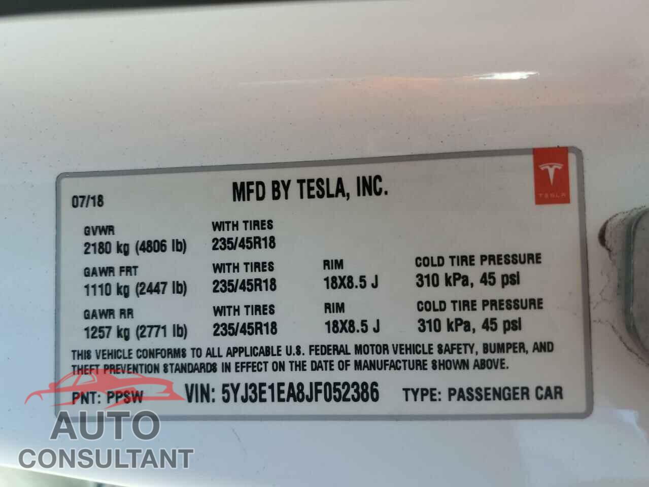 TESLA MODEL 3 2018 - 5YJ3E1EA8JF052386