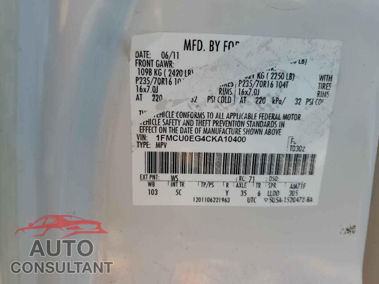 FORD ESCAPE 2012 - 1FMCU0EG4CKA10400