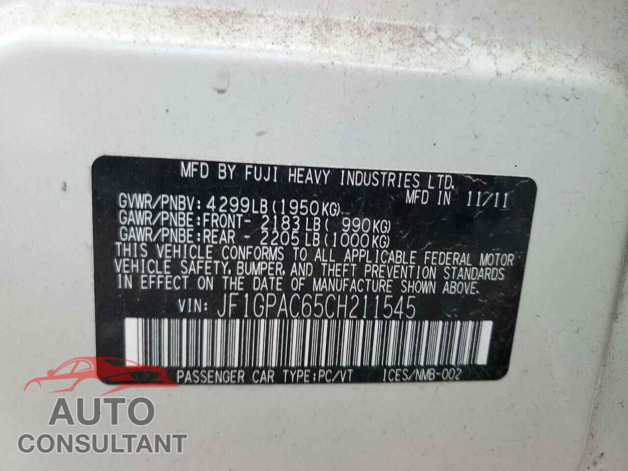 SUBARU IMPREZA 2012 - JF1GPAC65CH211545