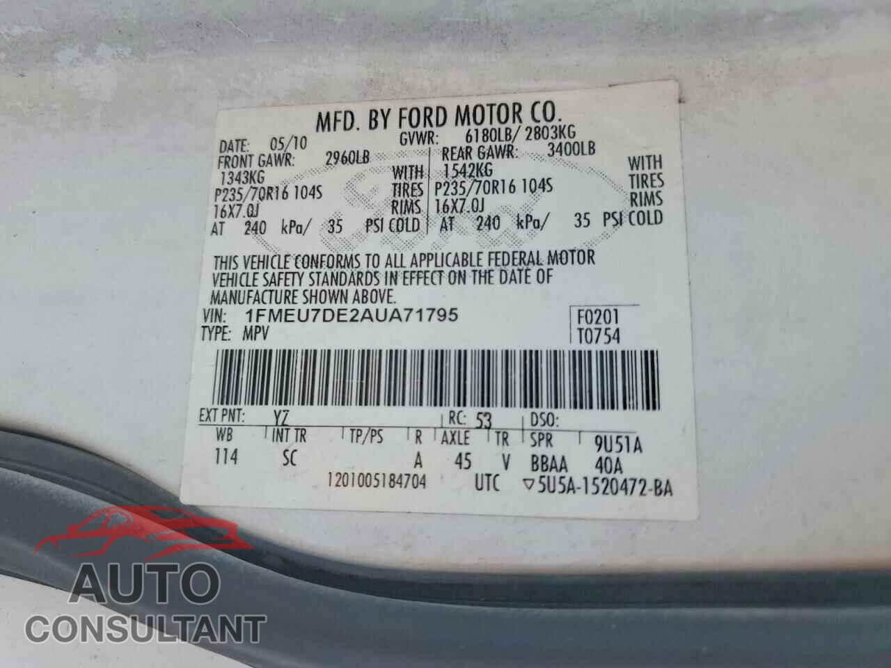 FORD EXPLORER 2010 - 1FMEU7DE2AUA71795