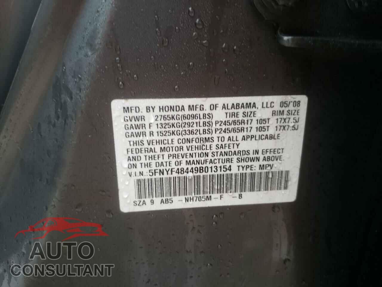 HONDA PILOT 2009 - 5FNYF48449B013154
