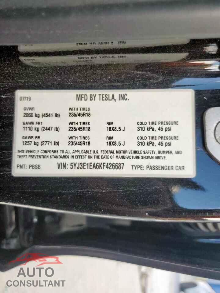 TESLA MODEL 3 2019 - 5YJ3E1EA6KF426687