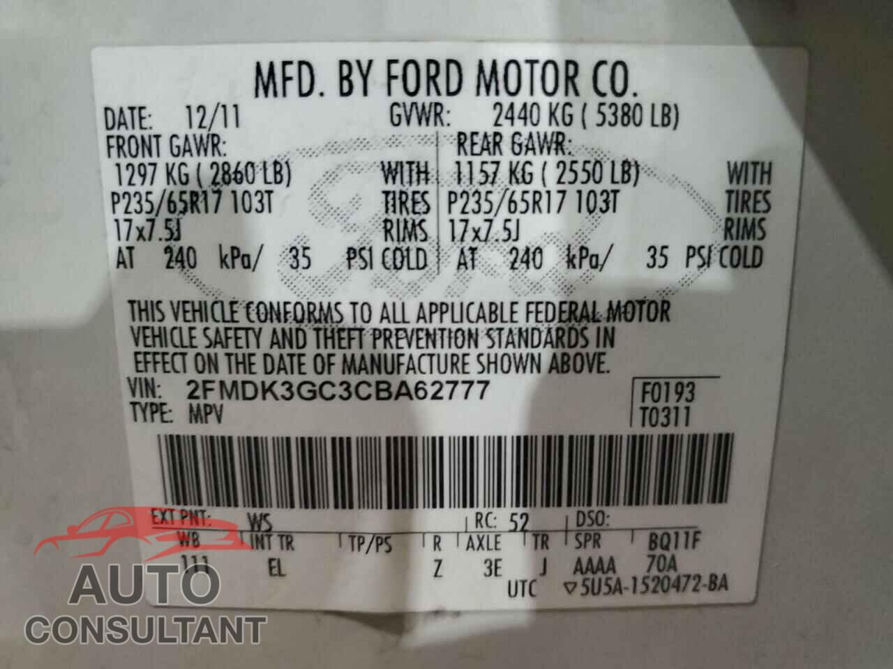 FORD EDGE 2012 - 2FMDK3GC3CBA62777