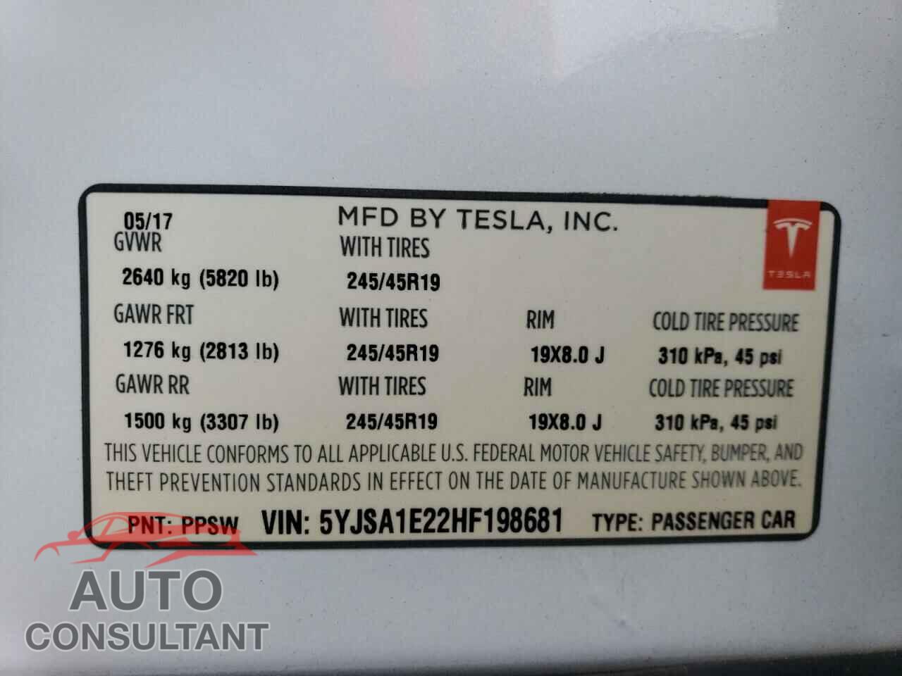 TESLA MODEL S 2017 - 5YJSA1E22HF198681