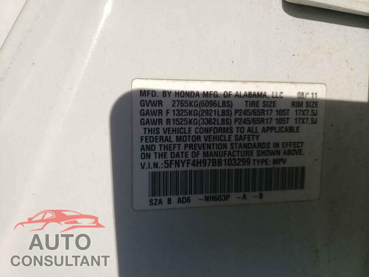 HONDA PILOT 2011 - 5FNYF4H97BB103299