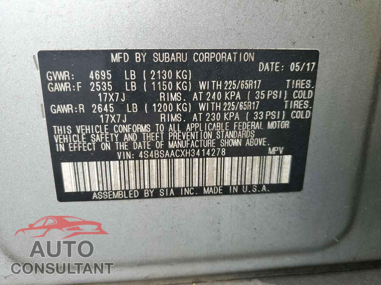 SUBARU OUTBACK 2017 - 4S4BSAACXH3414278
