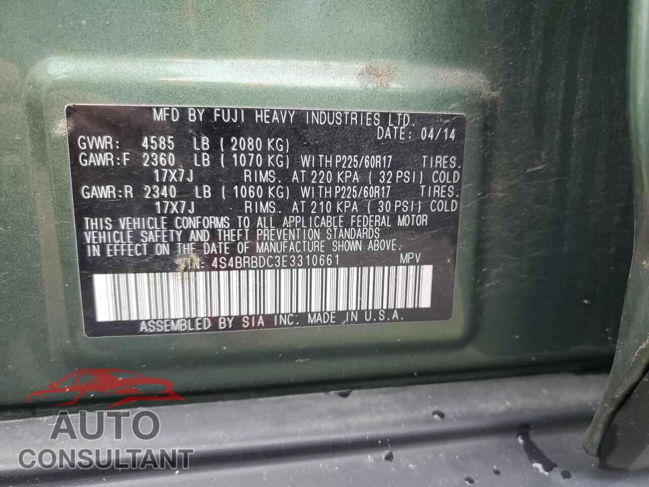 SUBARU OUTBACK 2014 - 4S4BRBDC3E3310661