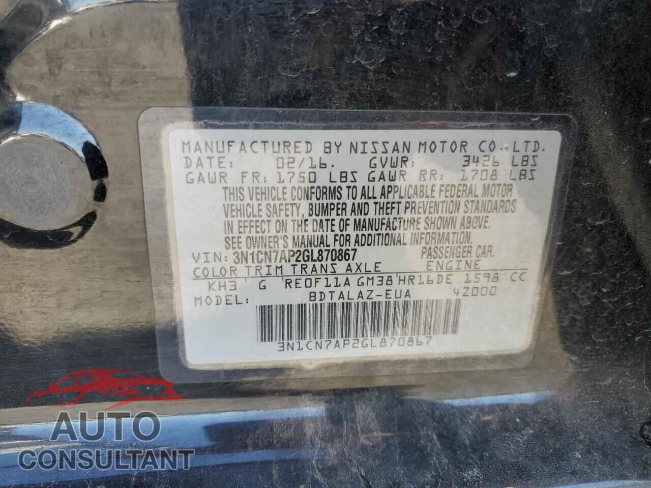 NISSAN VERSA 2016 - 3N1CN7AP2GL870867