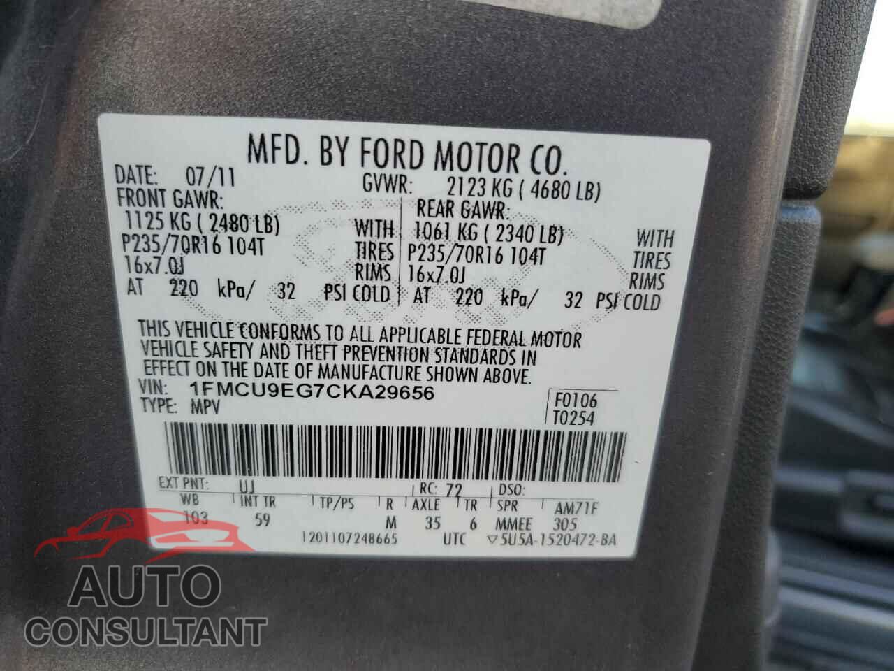 FORD ESCAPE 2012 - 1FMCU9EG7CKA29656