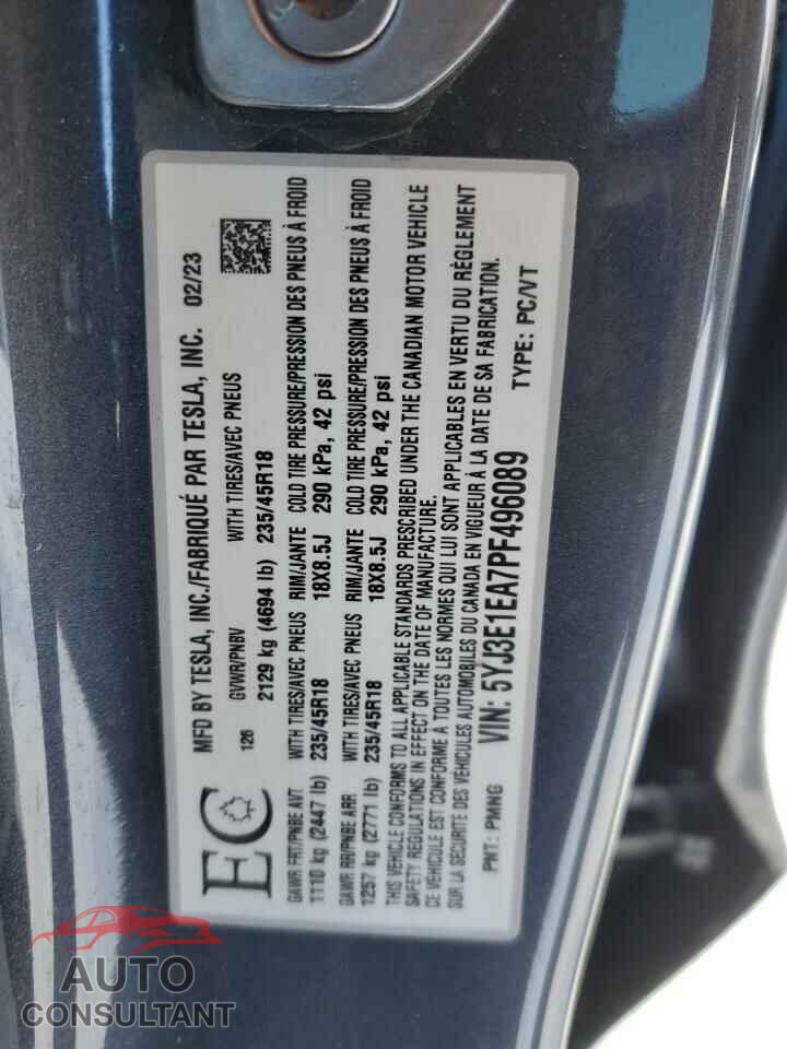 TESLA MODEL 3 2023 - 5YJ3E1EA7PF496089