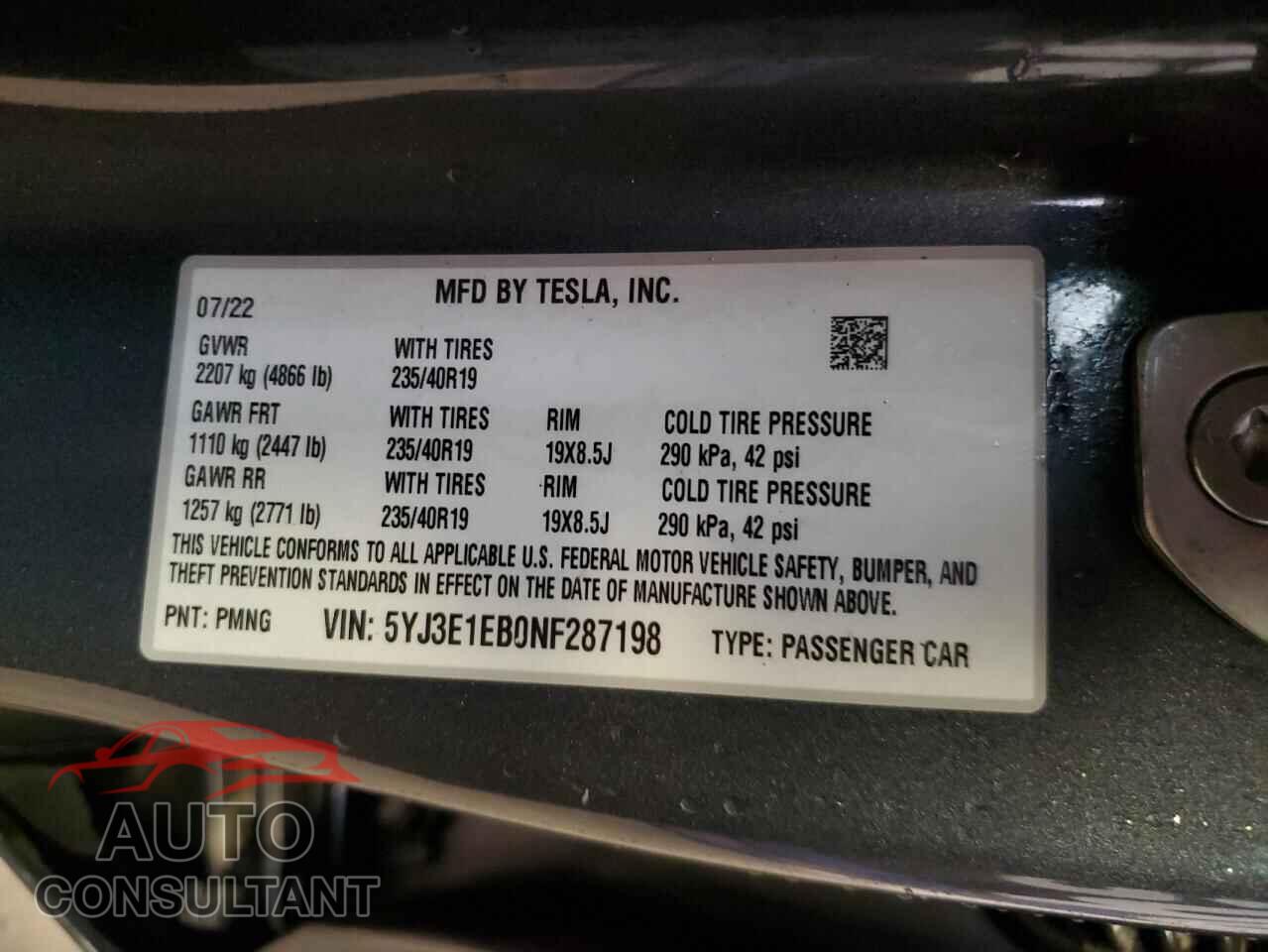 TESLA MODEL 3 2022 - 5YJ3E1EB0NF287198