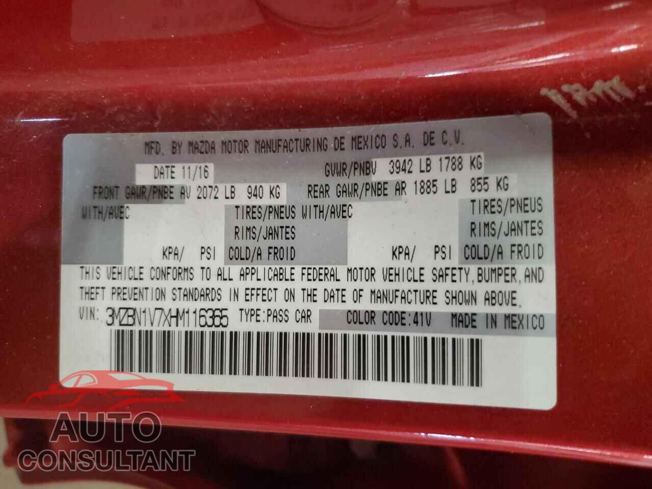 MAZDA 3 2017 - 3MZBN1V7XHM116365