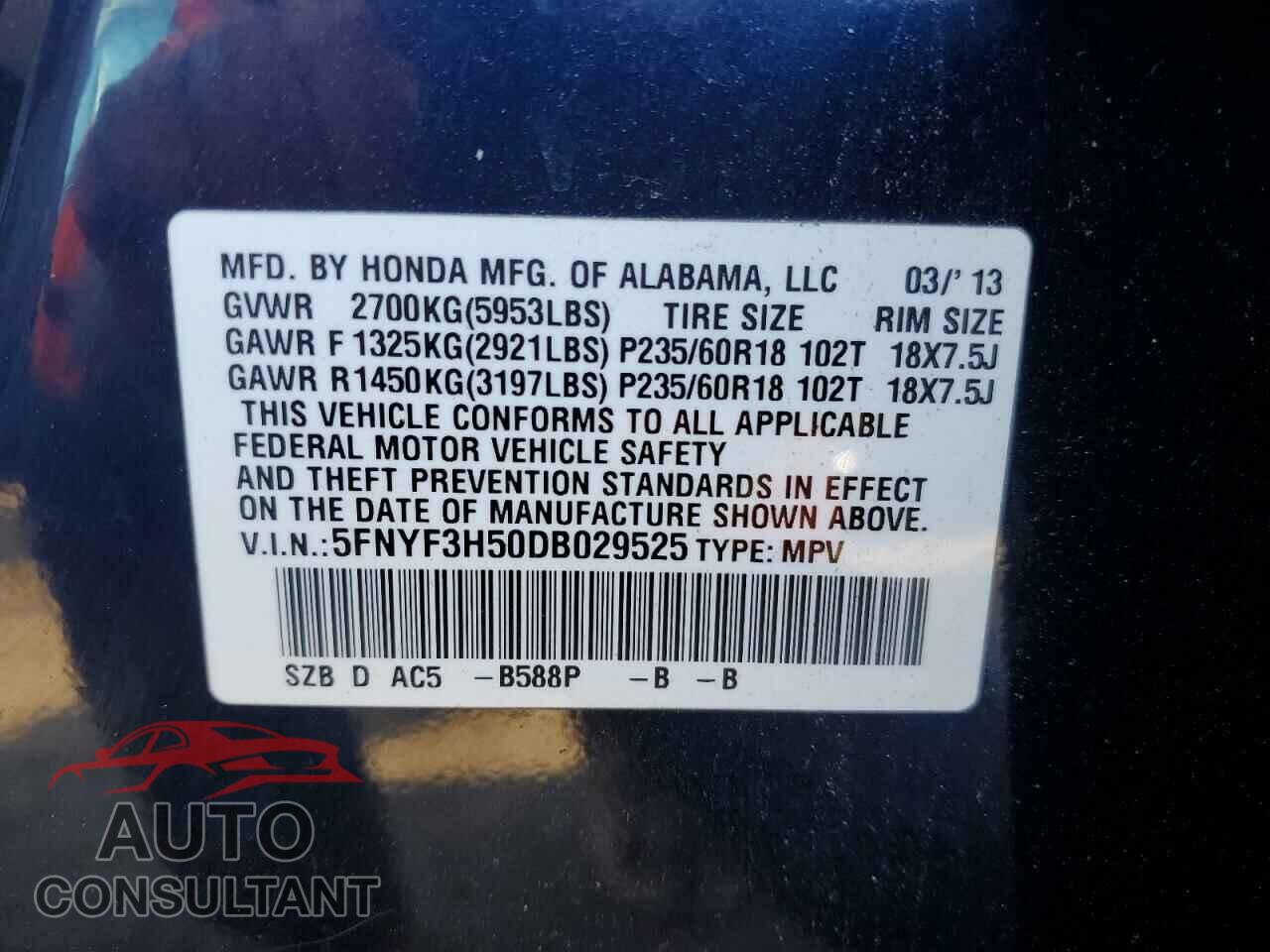 HONDA PILOT 2013 - 5FNYF3H50DB029525