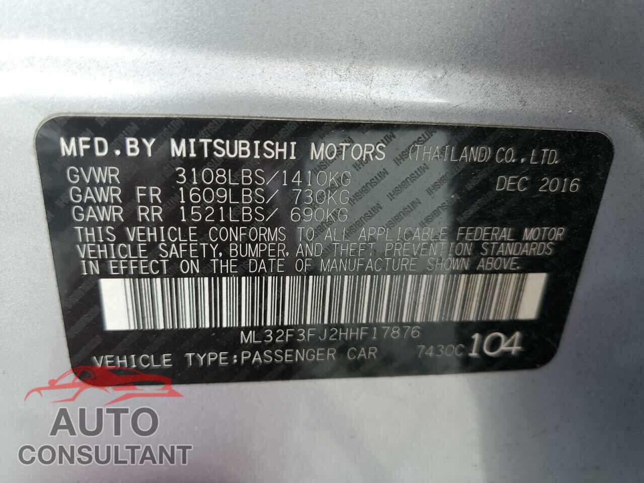 MITSUBISHI MIRAGE 2017 - ML32F3FJ2HHF17876