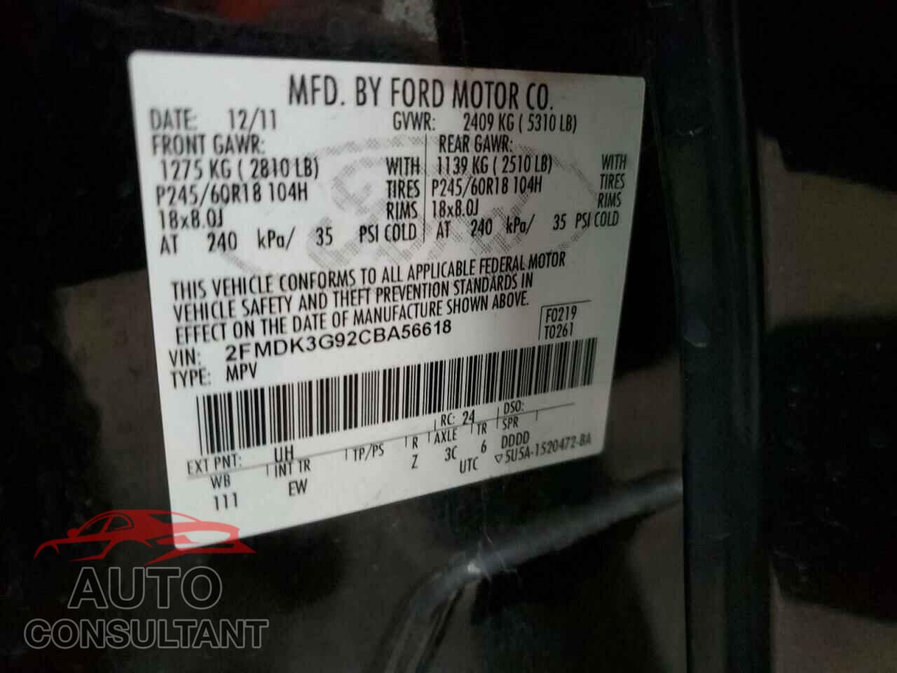FORD EDGE 2012 - 2FMDK3G92CBA56618