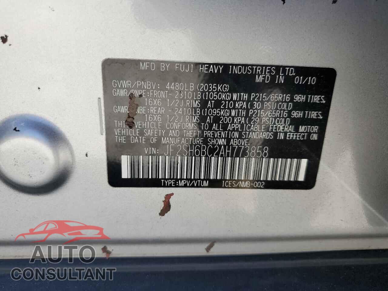 SUBARU FORESTER 2010 - JF2SH6BC2AH773858