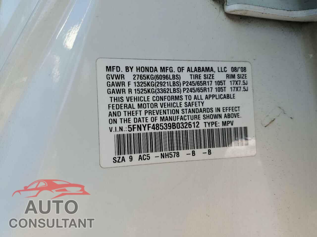 HONDA PILOT 2009 - 5FNYF48539B032612