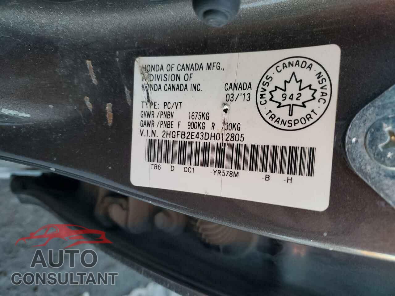 HONDA CIVIC 2013 - 2HGFB2E43DH012805