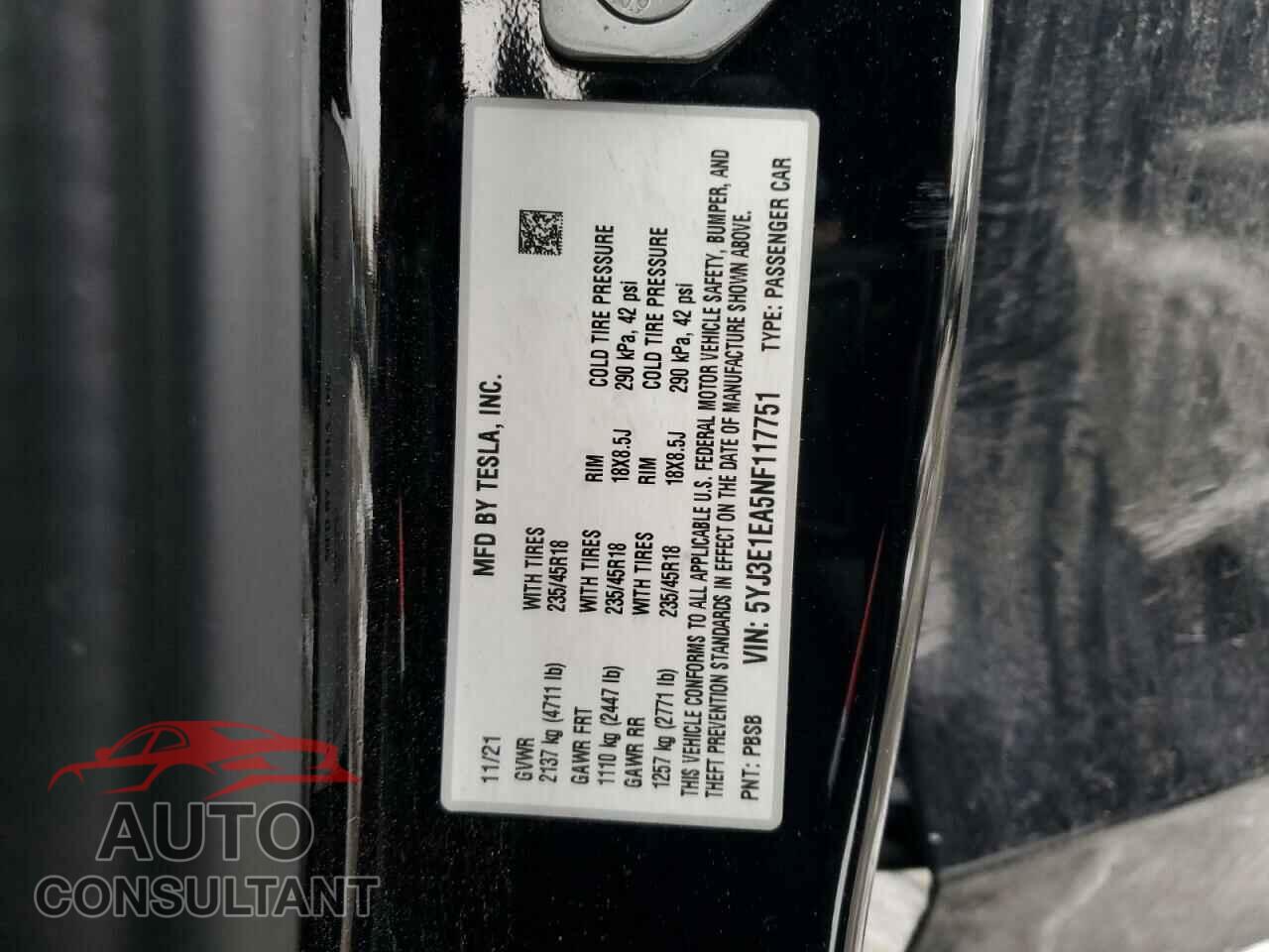 TESLA MODEL 3 2022 - 5YJ3E1EA5NF117751