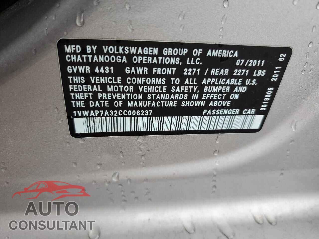 VOLKSWAGEN PASSAT 2012 - 1VWAP7A32CC006237