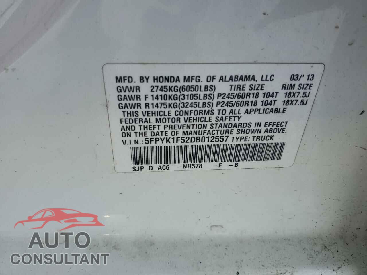 HONDA RIDGELINE 2013 - 5FPYK1F52DB012557