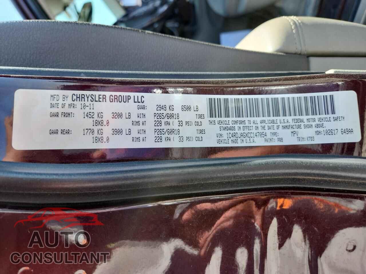 DODGE DURANGO 2012 - 1C4RDJAGXCC147054