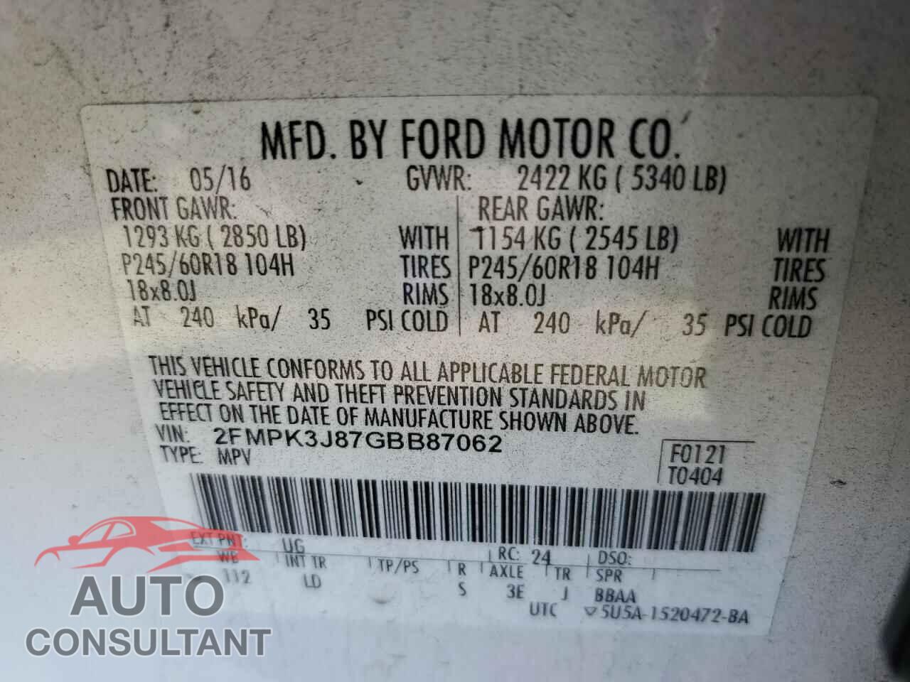 FORD EDGE 2016 - 2FMPK3J87GBB87062