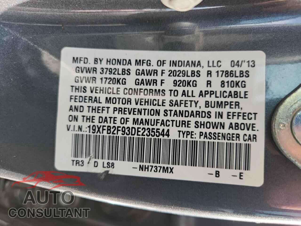 HONDA CIVIC 2013 - 19XFB2F93DE235544