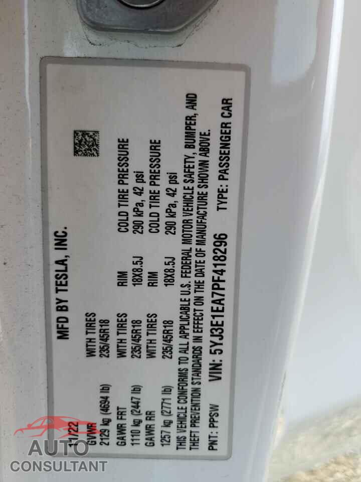 TESLA MODEL 3 2023 - 5YJ3E1EA7PF418296