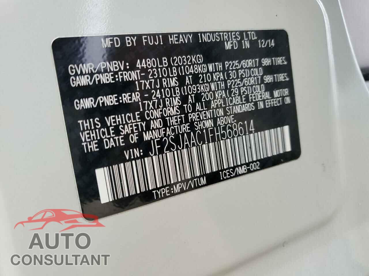 SUBARU FORESTER 2015 - JF2SJAAC1FH568614