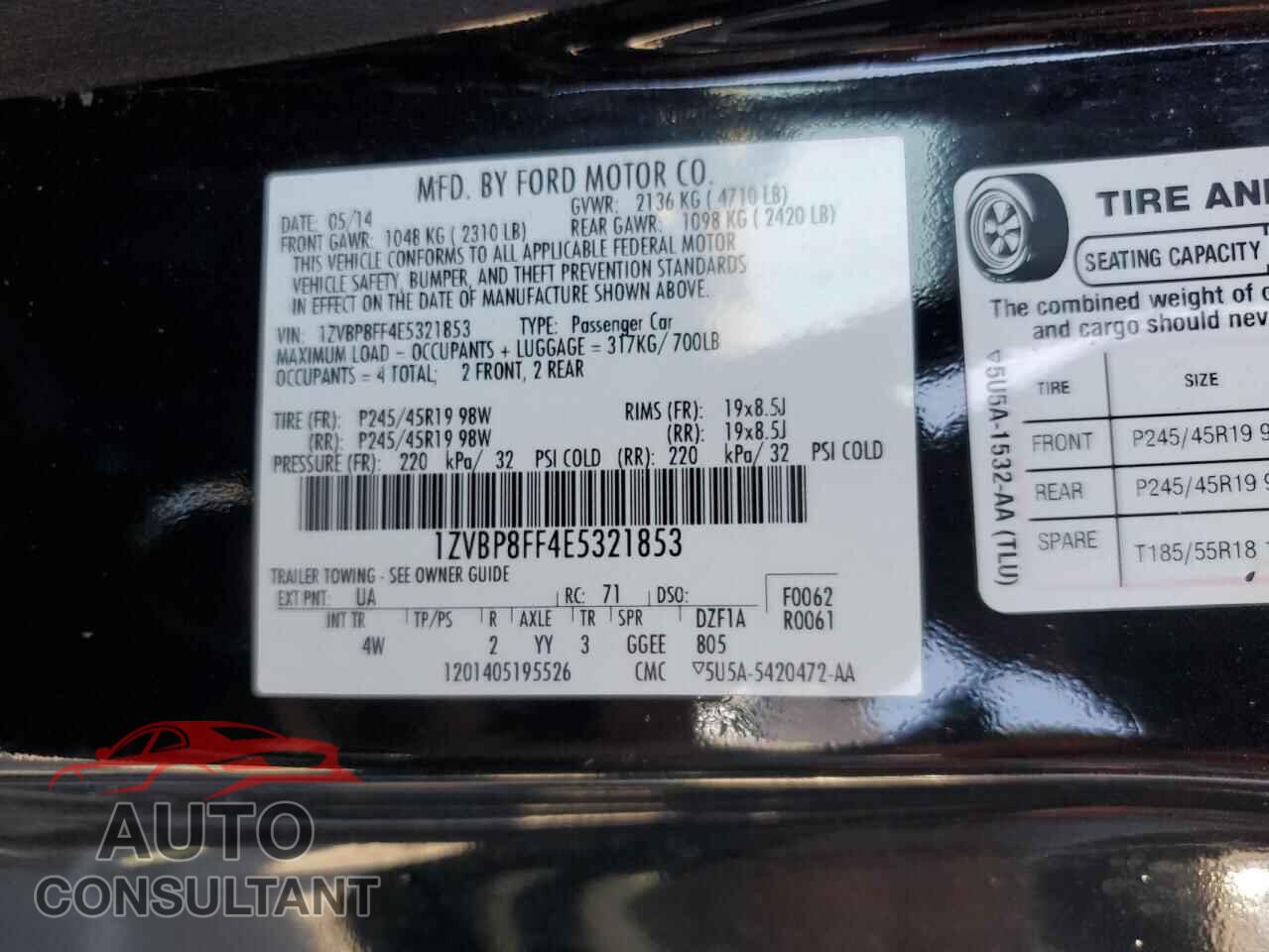 FORD MUSTANG 2014 - 1ZVBP8FF4E5321853