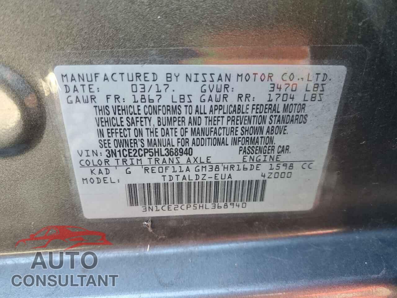 NISSAN VERSA 2017 - 3N1CE2CP5HL368940