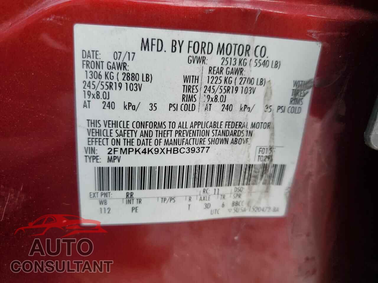 FORD EDGE 2017 - 2FMPK4K9XHBC39377