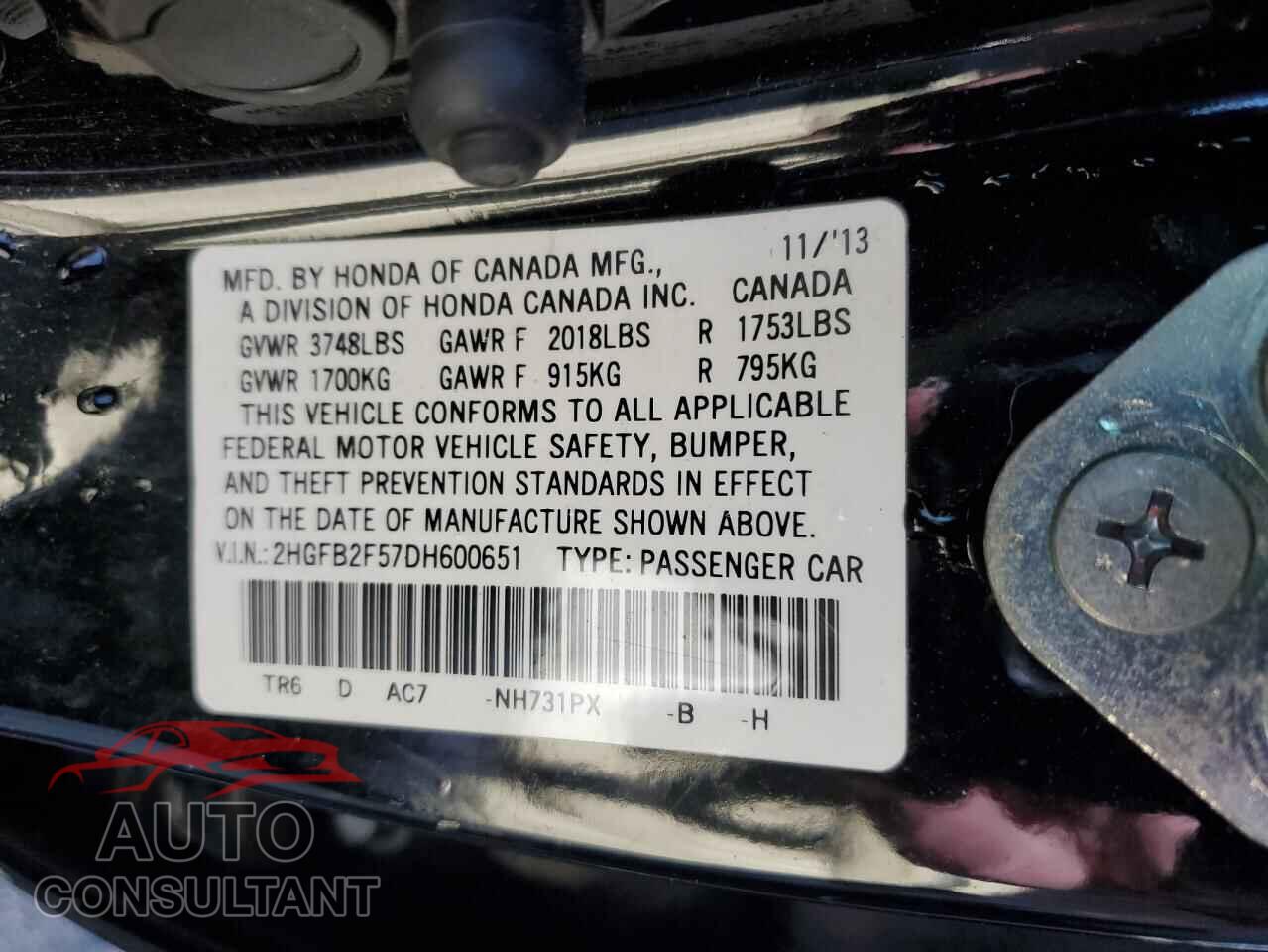 HONDA CIVIC 2013 - 2HGFB2F57DH600651