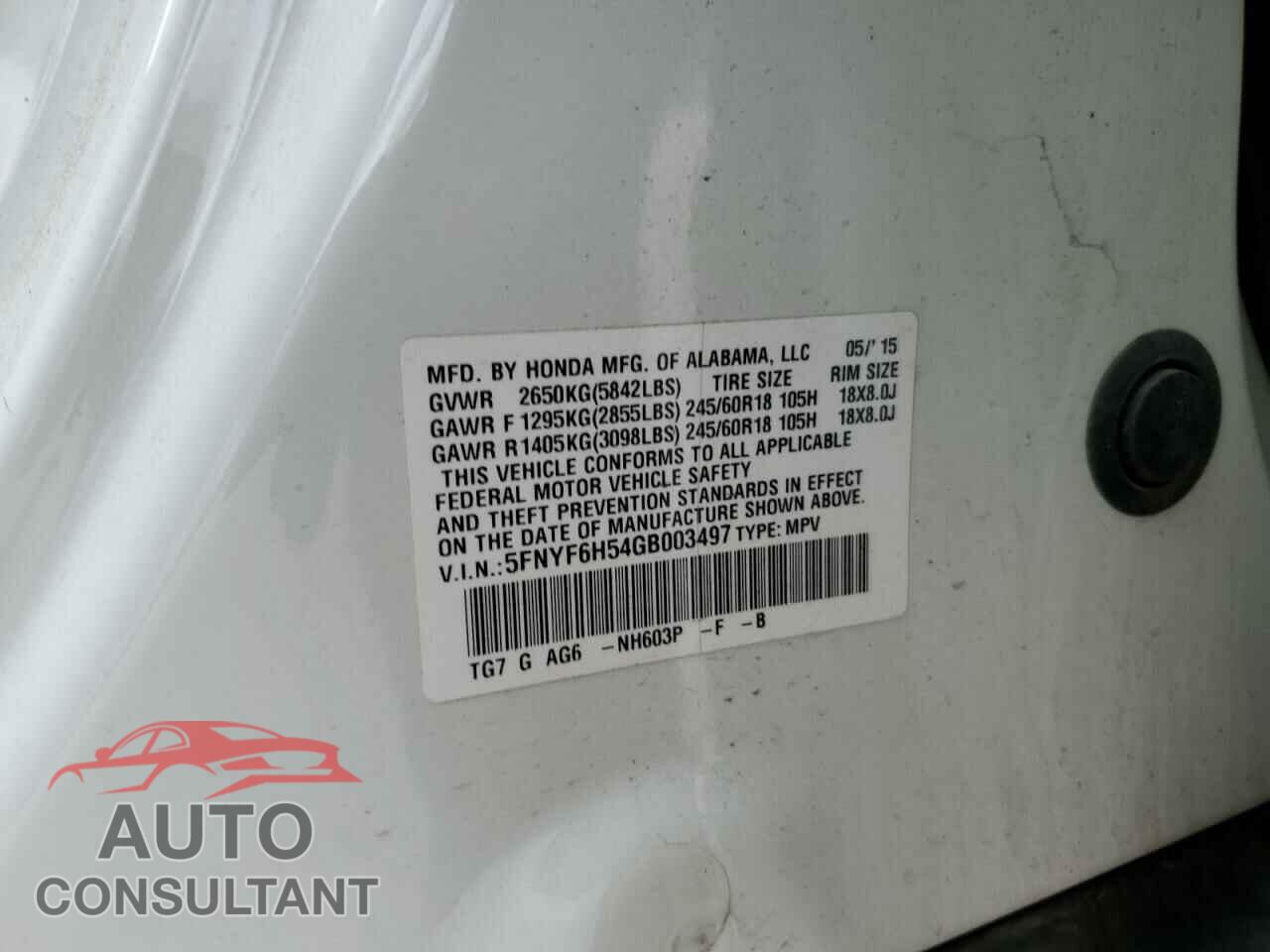 HONDA PILOT 2016 - 5FNYF6H54GB003497