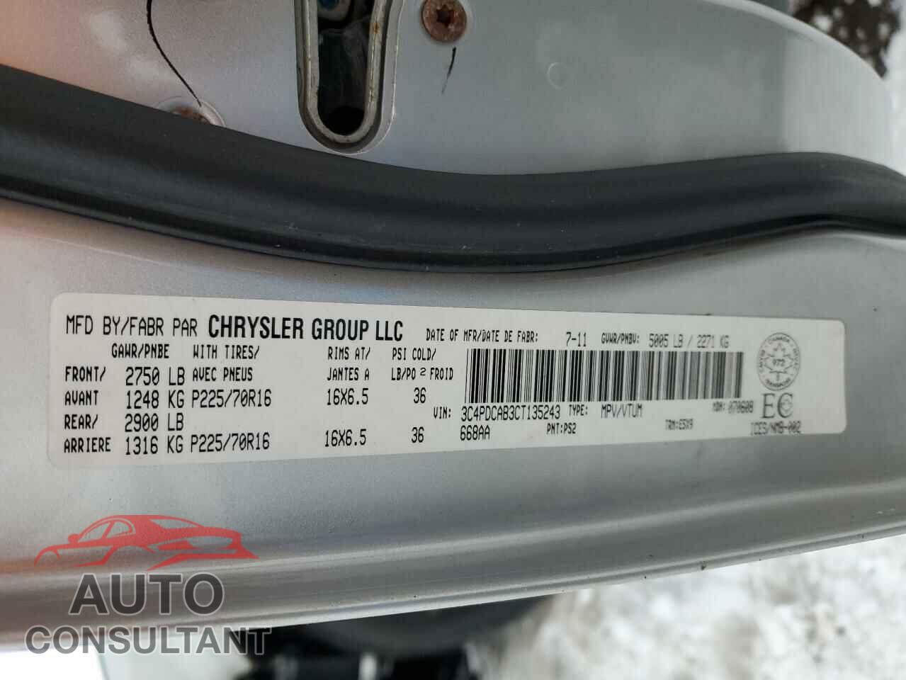 DODGE JOURNEY 2012 - 3C4PDCAB3CT135243