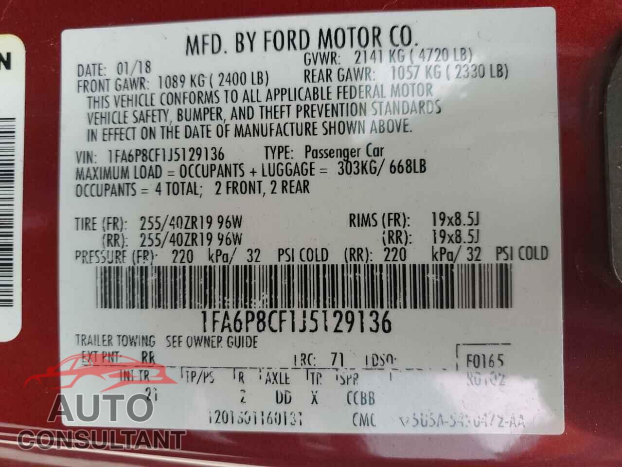 FORD MUSTANG 2018 - 1FA6P8CF1J5129136