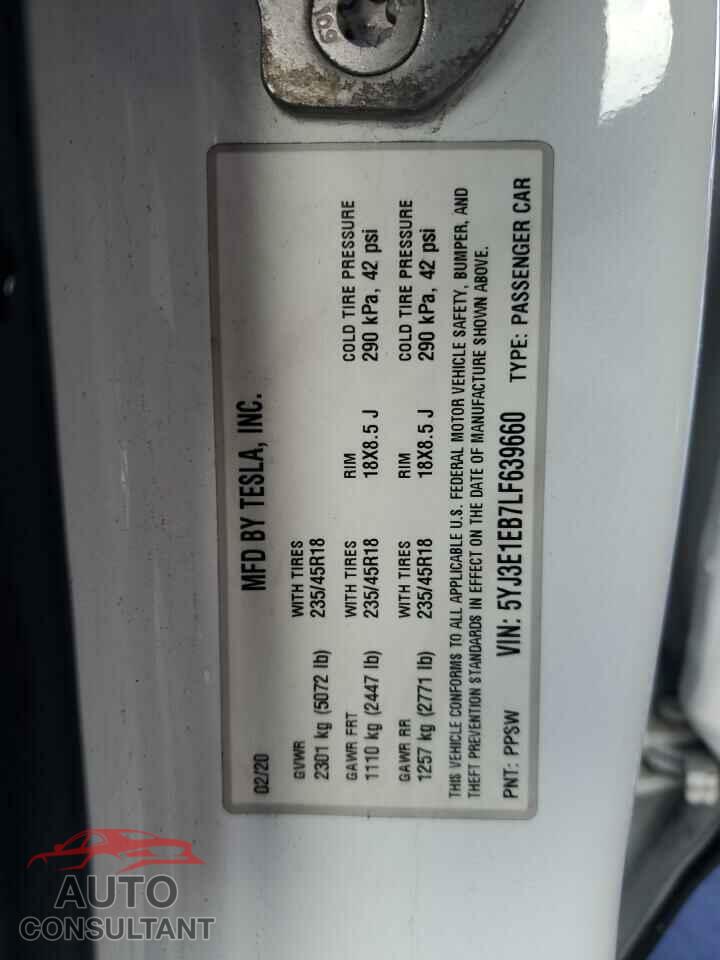 TESLA MODEL 3 2020 - 5YJ3E1EB7LF639660