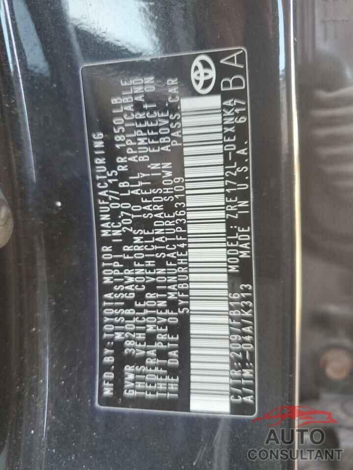 TOYOTA COROLLA 2015 - 5YFBURHE4FP363109