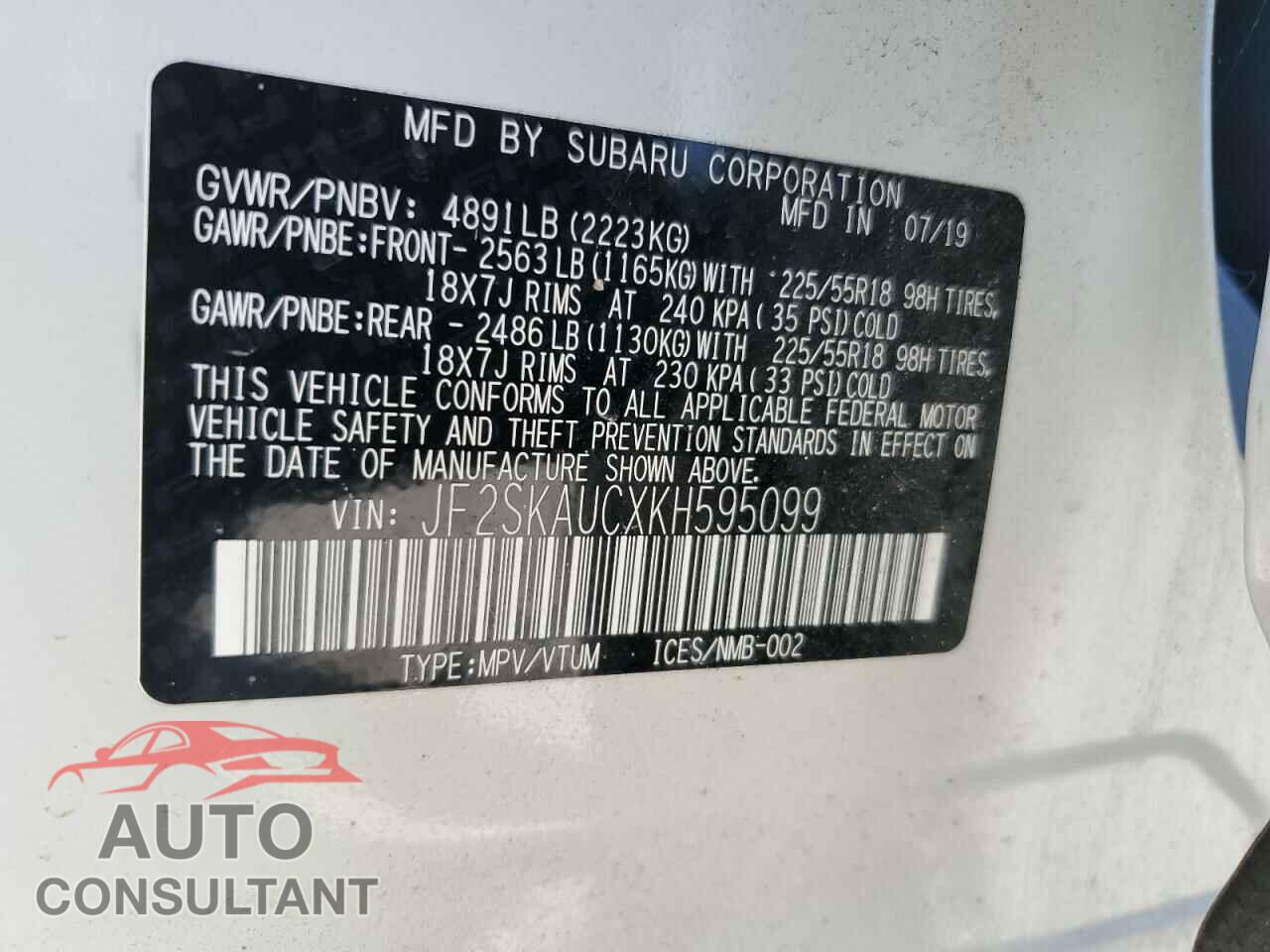 SUBARU FORESTER 2019 - JF2SKAUCXKH595099