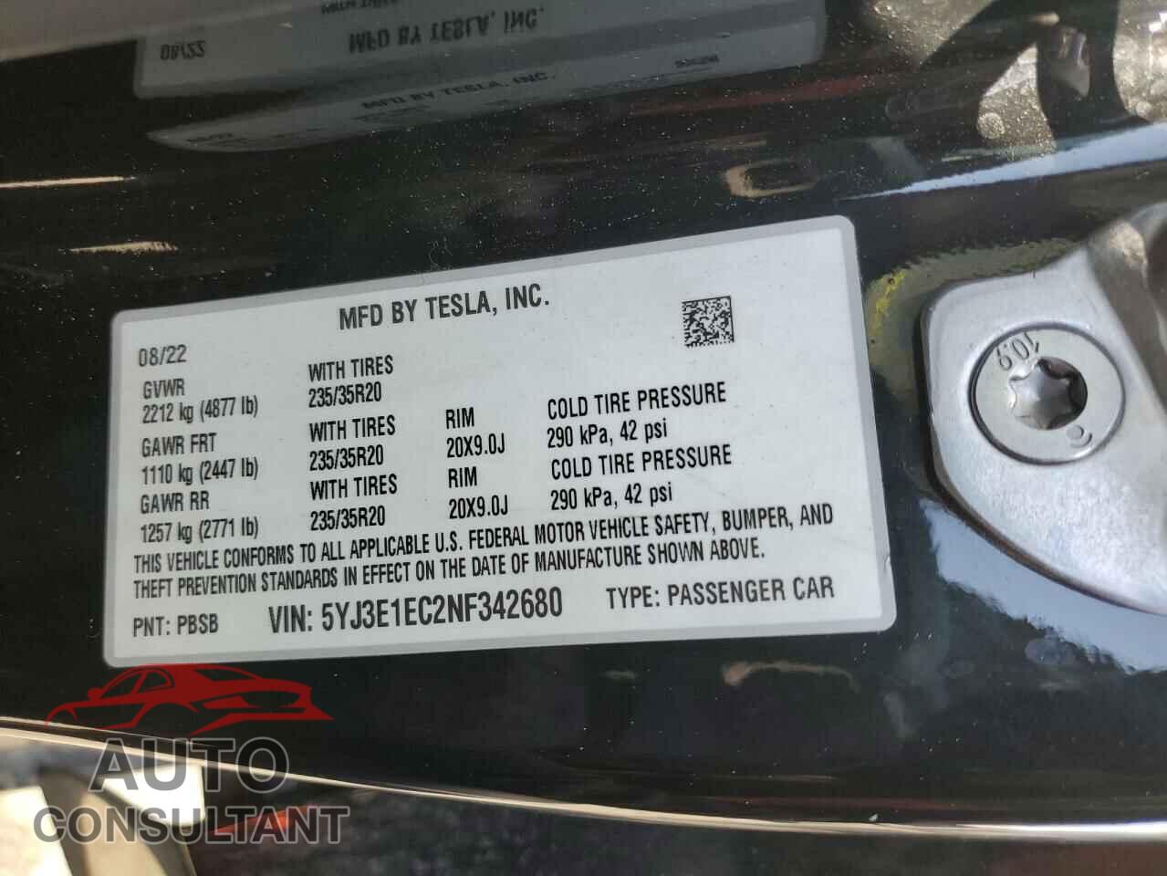TESLA MODEL 3 2022 - 5YJ3E1EC2NF342680
