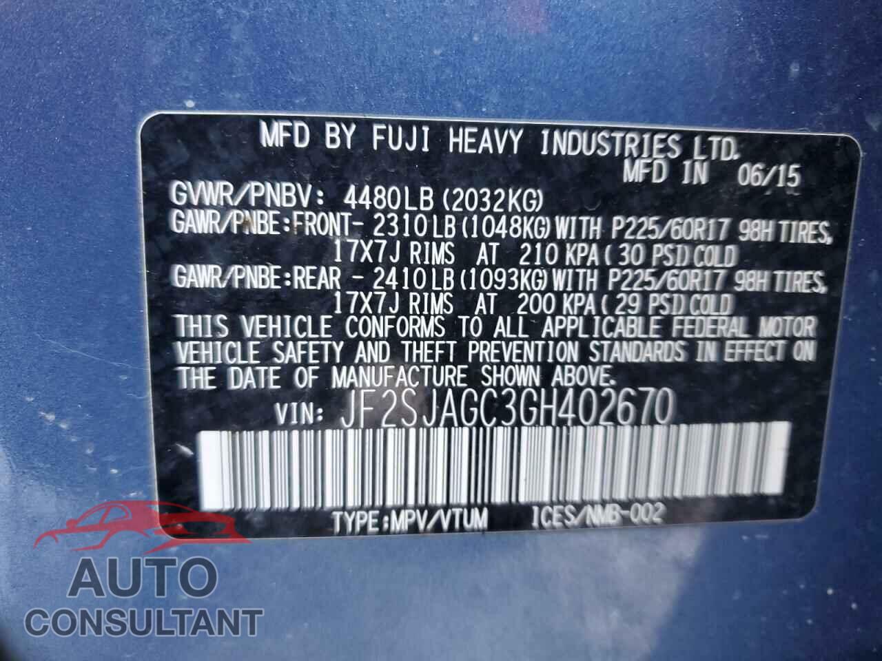 SUBARU FORESTER 2016 - JF2SJAGC3GH402670