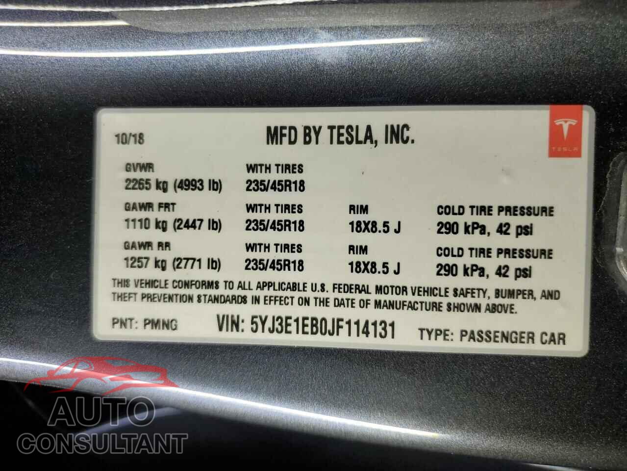 TESLA MODEL 3 2018 - 5YJ3E1EB0JF114131