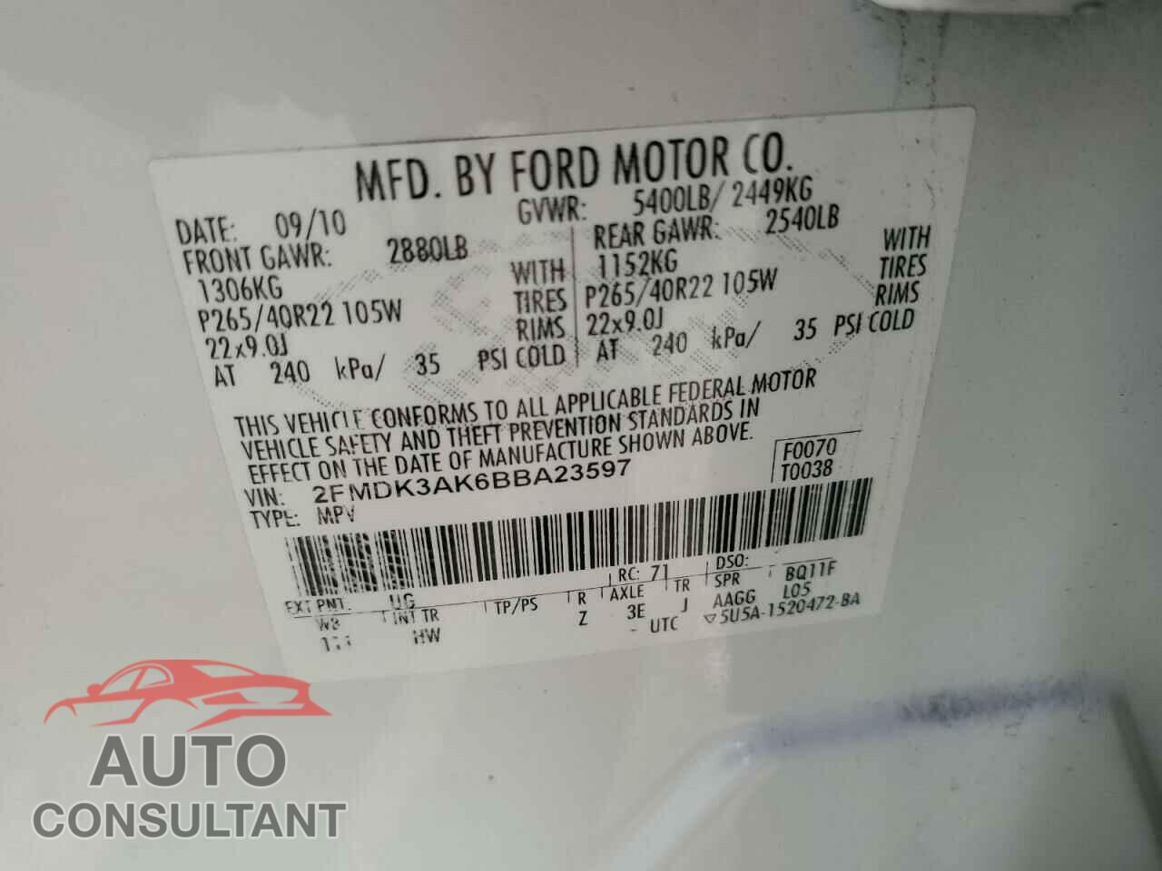 FORD EDGE 2011 - 2FMDK3AK6BBA23597