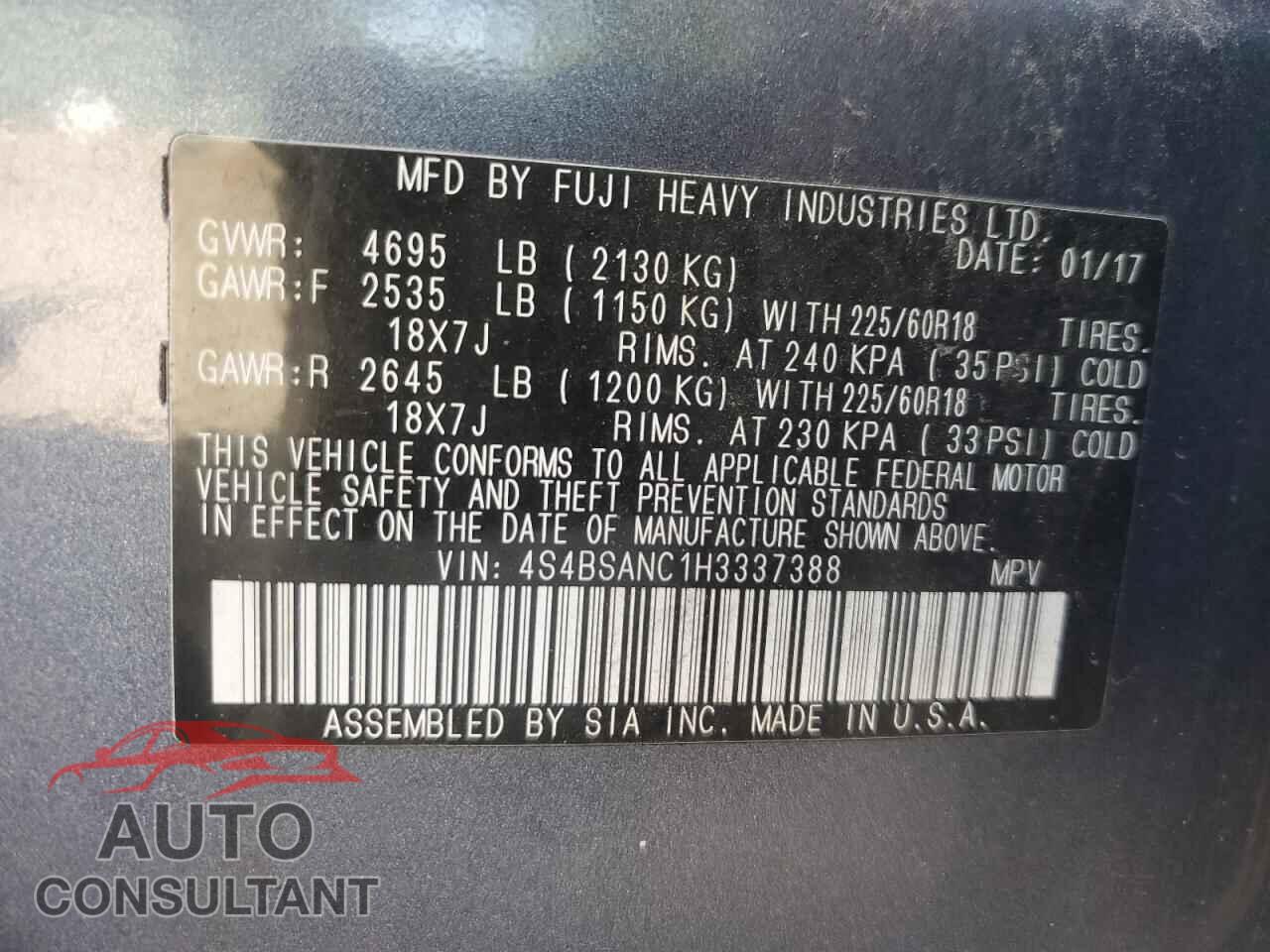 SUBARU OUTBACK 2017 - 4S4BSANC1H3337388