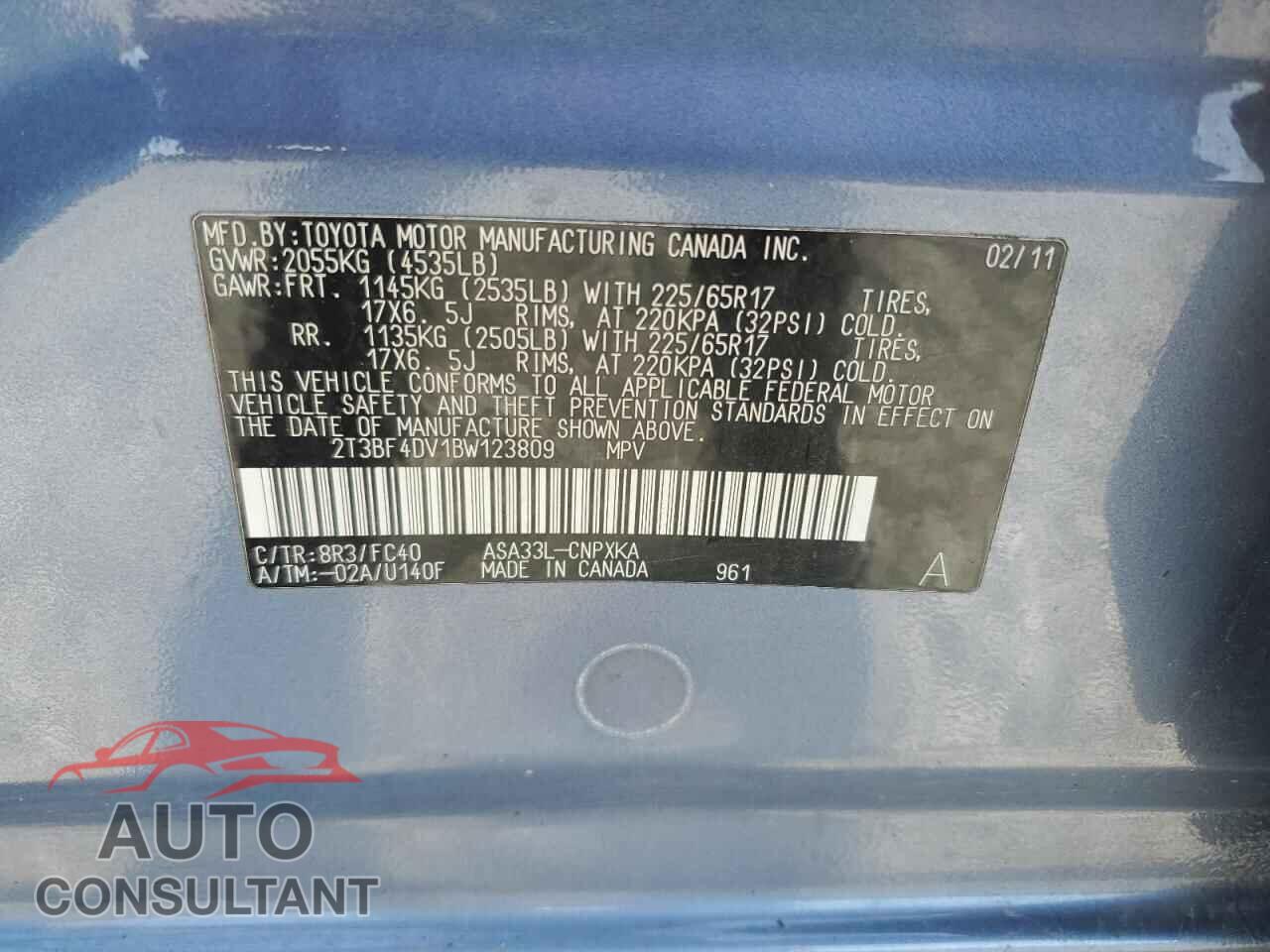 TOYOTA RAV4 2011 - 2T3BF4DV1BW123809
