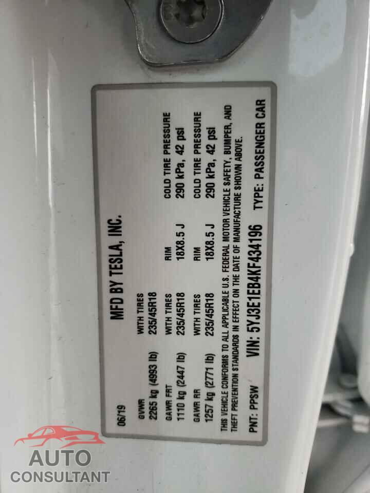 TESLA MODEL 3 2019 - 5YJ3E1EB4KF434196