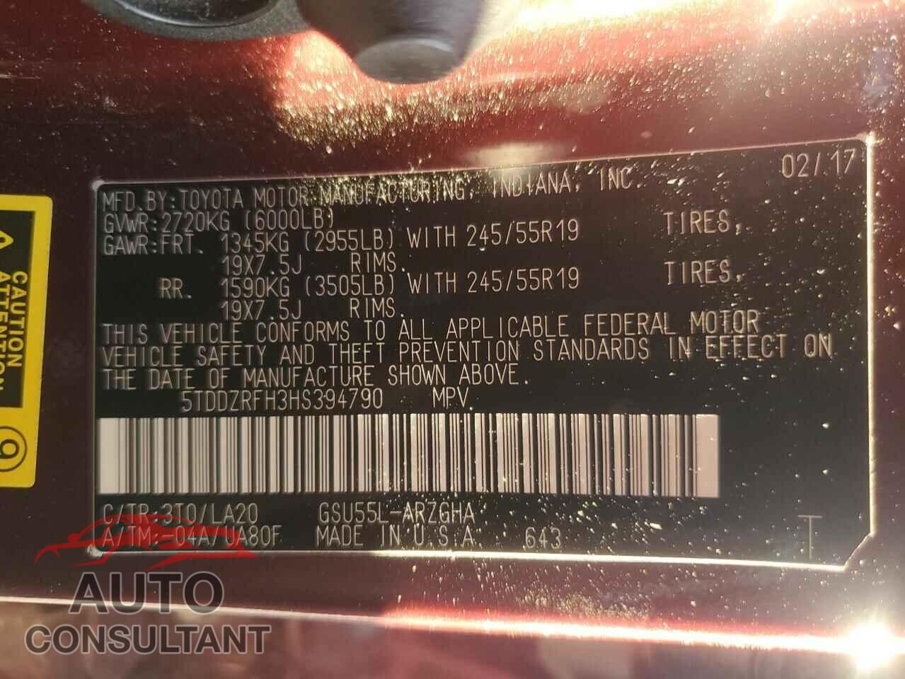 TOYOTA HIGHLANDER 2017 - 5TDDZRFH3HS394790