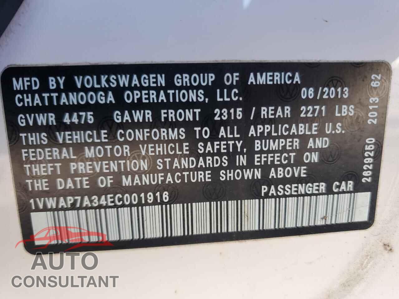 VOLKSWAGEN PASSAT 2014 - 1VWAP7A34EC001916